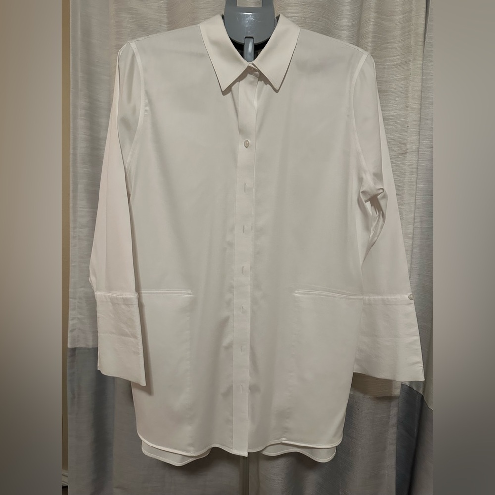 Chico's 3/4 Sleeve No-Iron Elegant White Tunic Button Down Shirt with Pockets